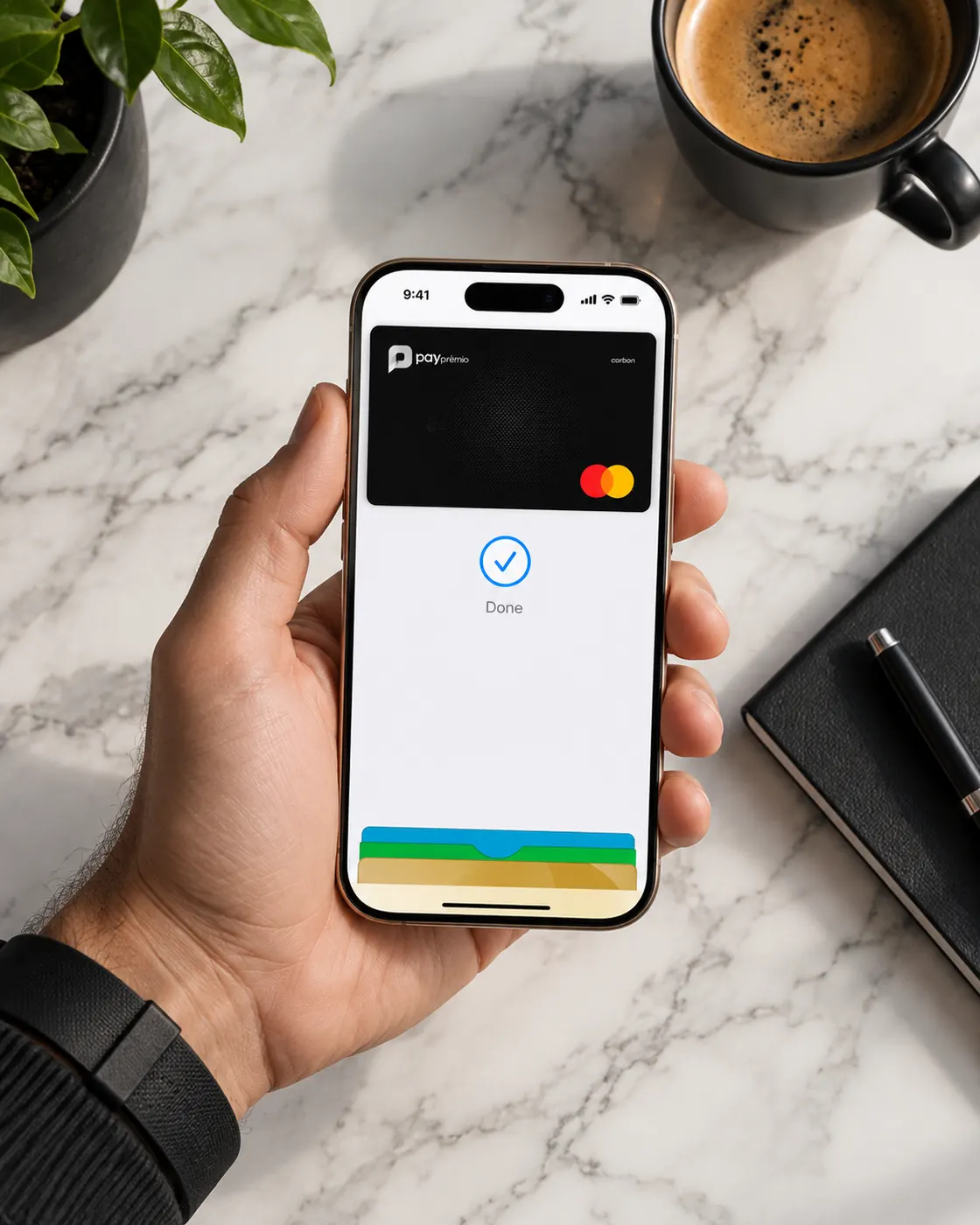 Mão segurando smartphone com pagamento aprovado pelo cartão virtual Pay Prêmio