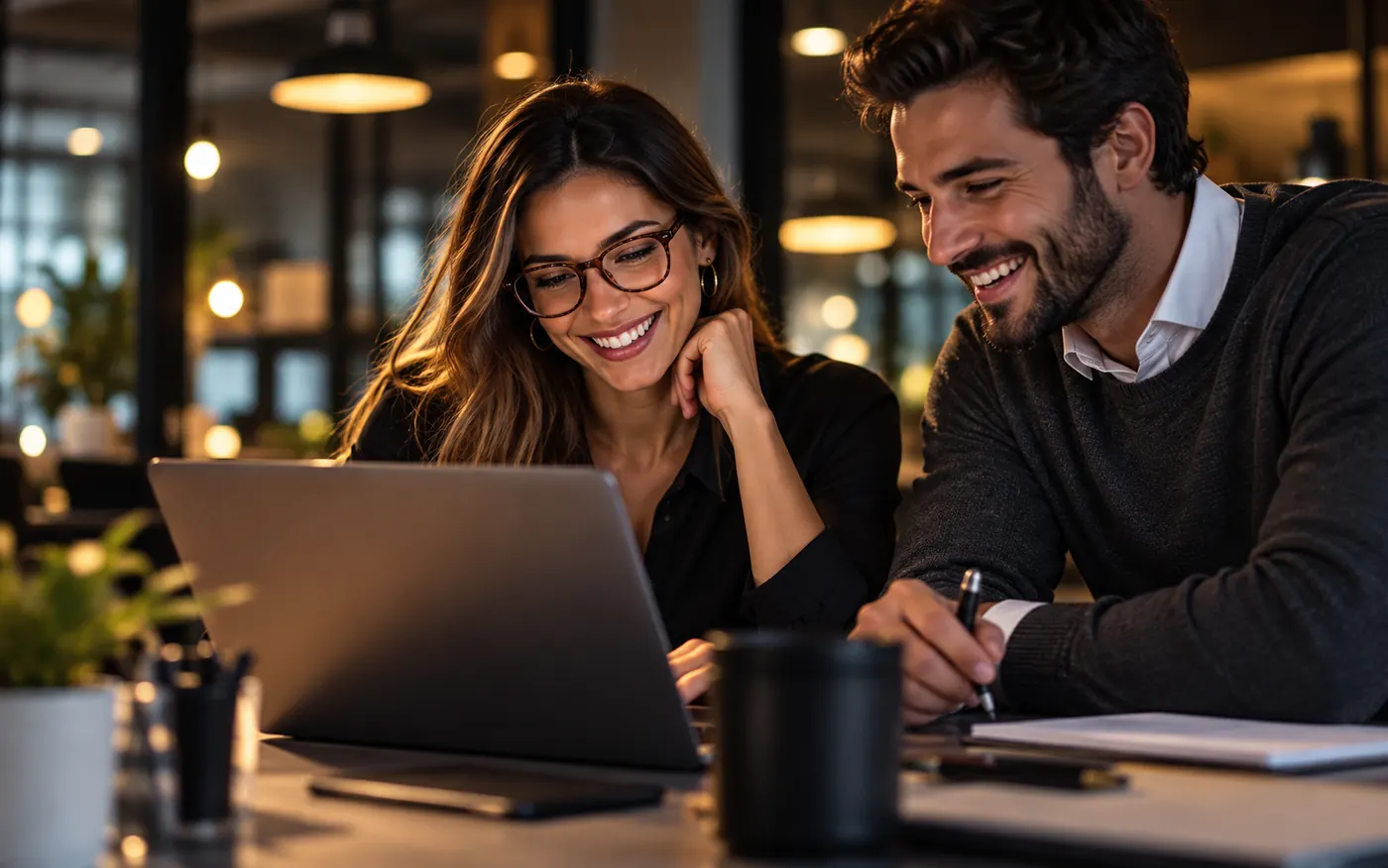 Colaboradores sorrindo em frente ao notebook após receber a premiação