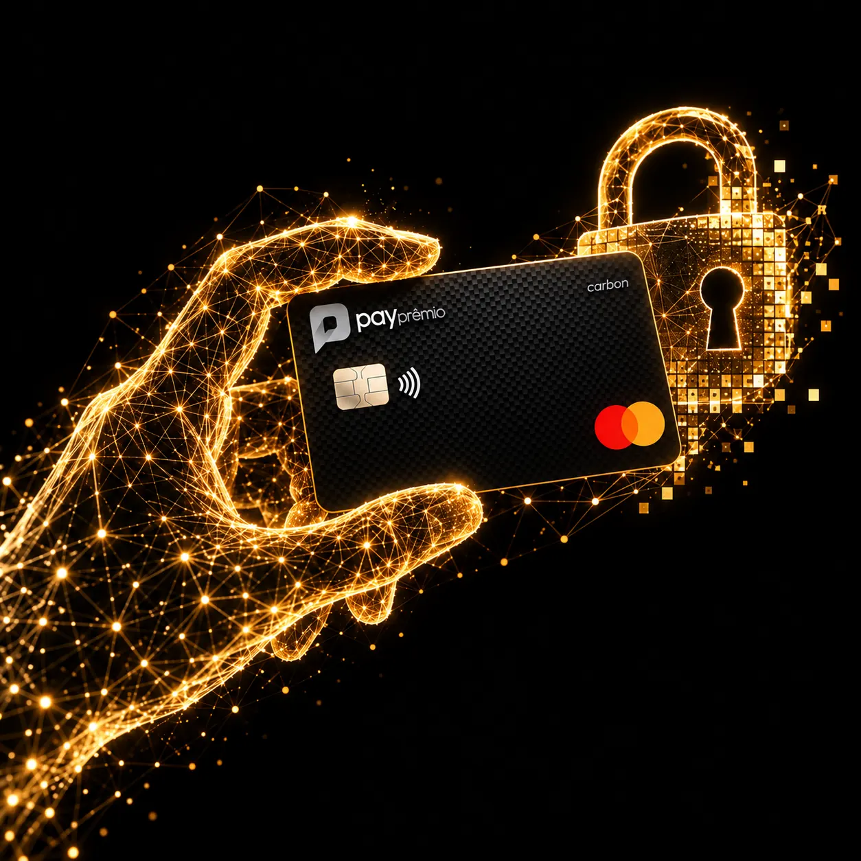 Ilustração do cartão virtual Pay Prêmio protegido por um cadeado digital dourado