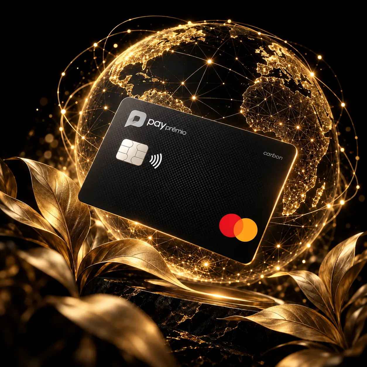 Ilustração do cartão virtual Pay Prêmio sobre um globo digital com folhas douradas, simbolizando sustentabilidade
