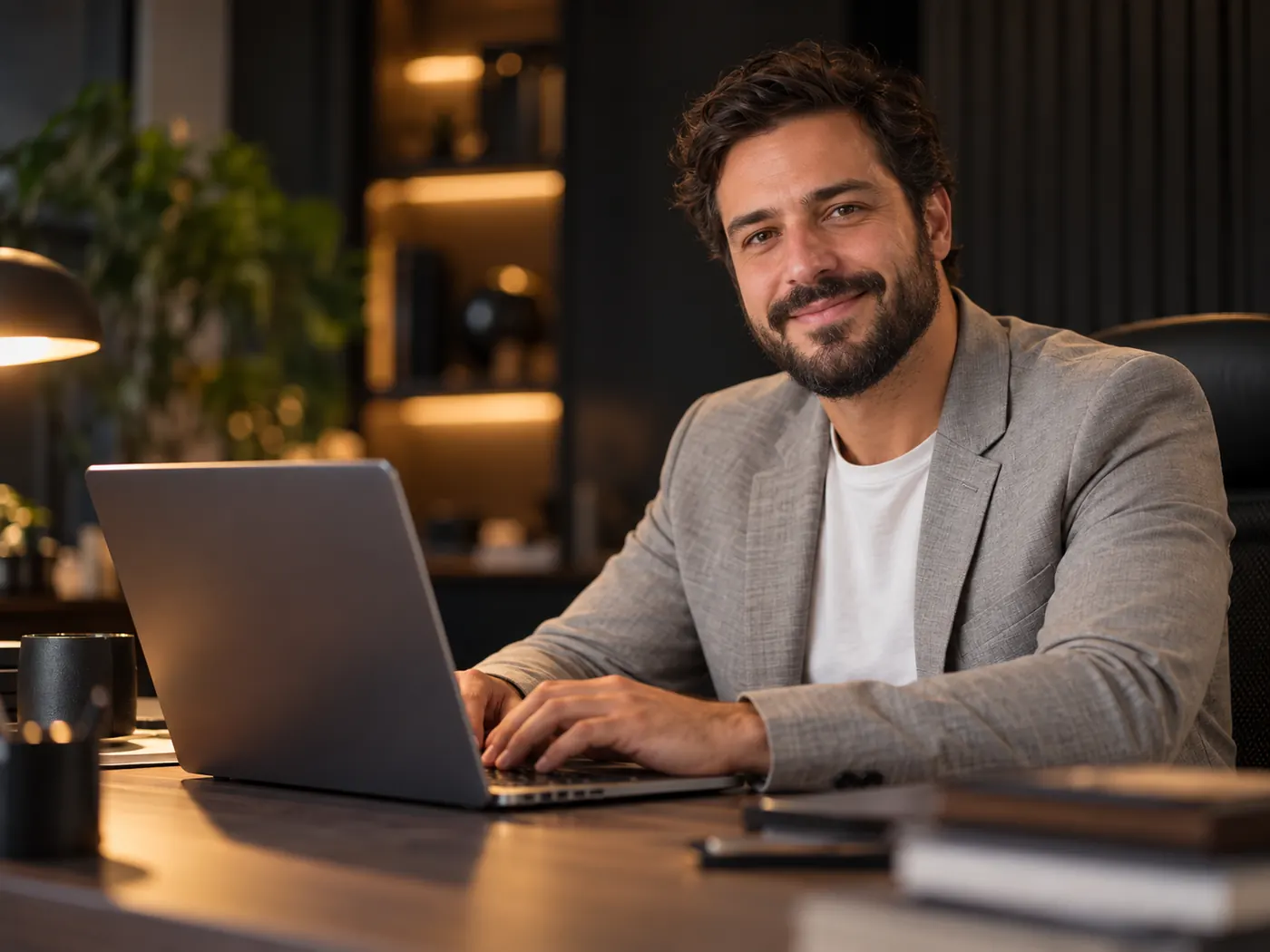 Especialista da Pay Prêmio sorrindo enquanto trabalha no notebook