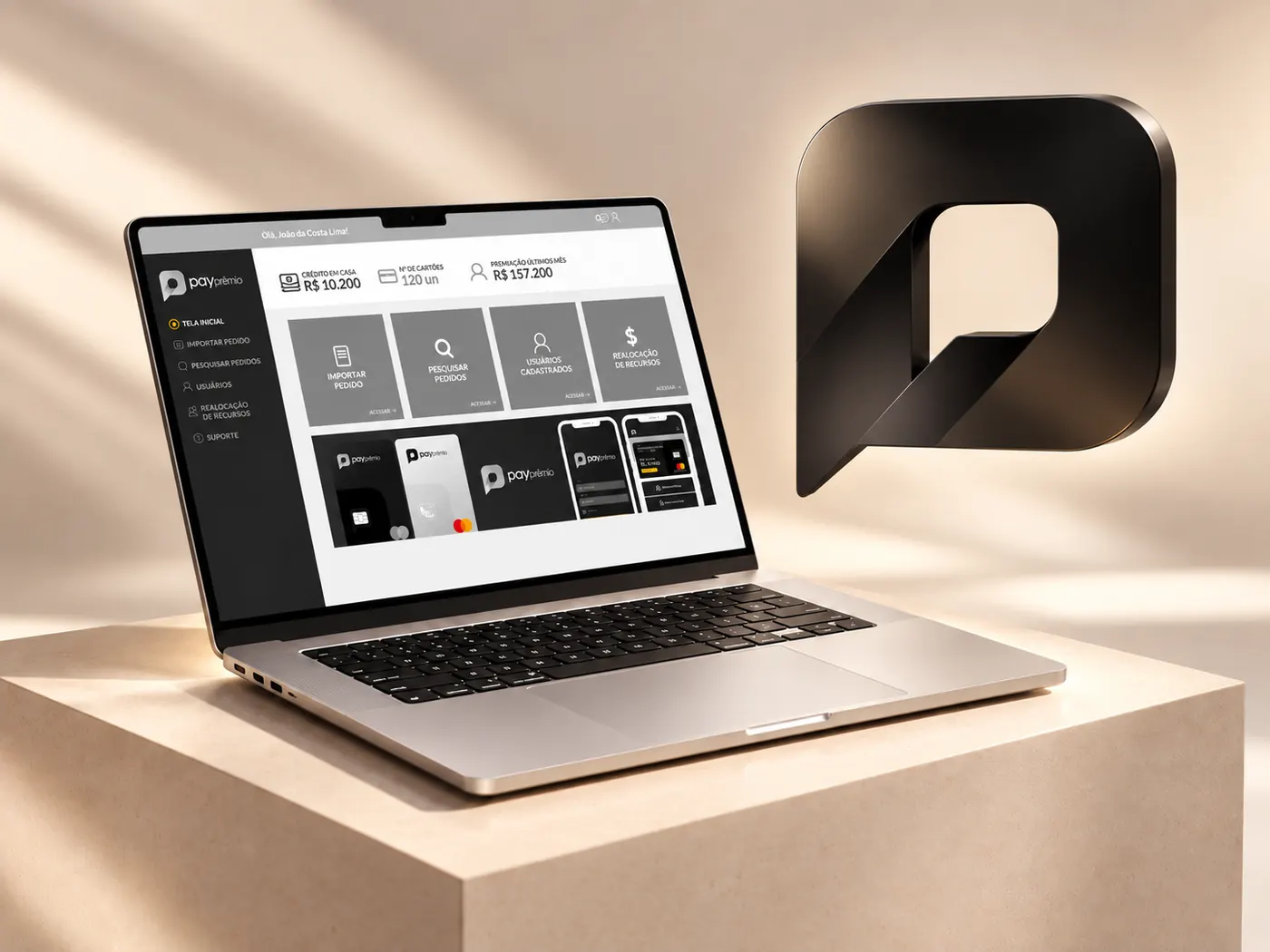 Notebook exibindo o Pay Dashboard, plataforma de gestão de premiações da Pay Prêmio