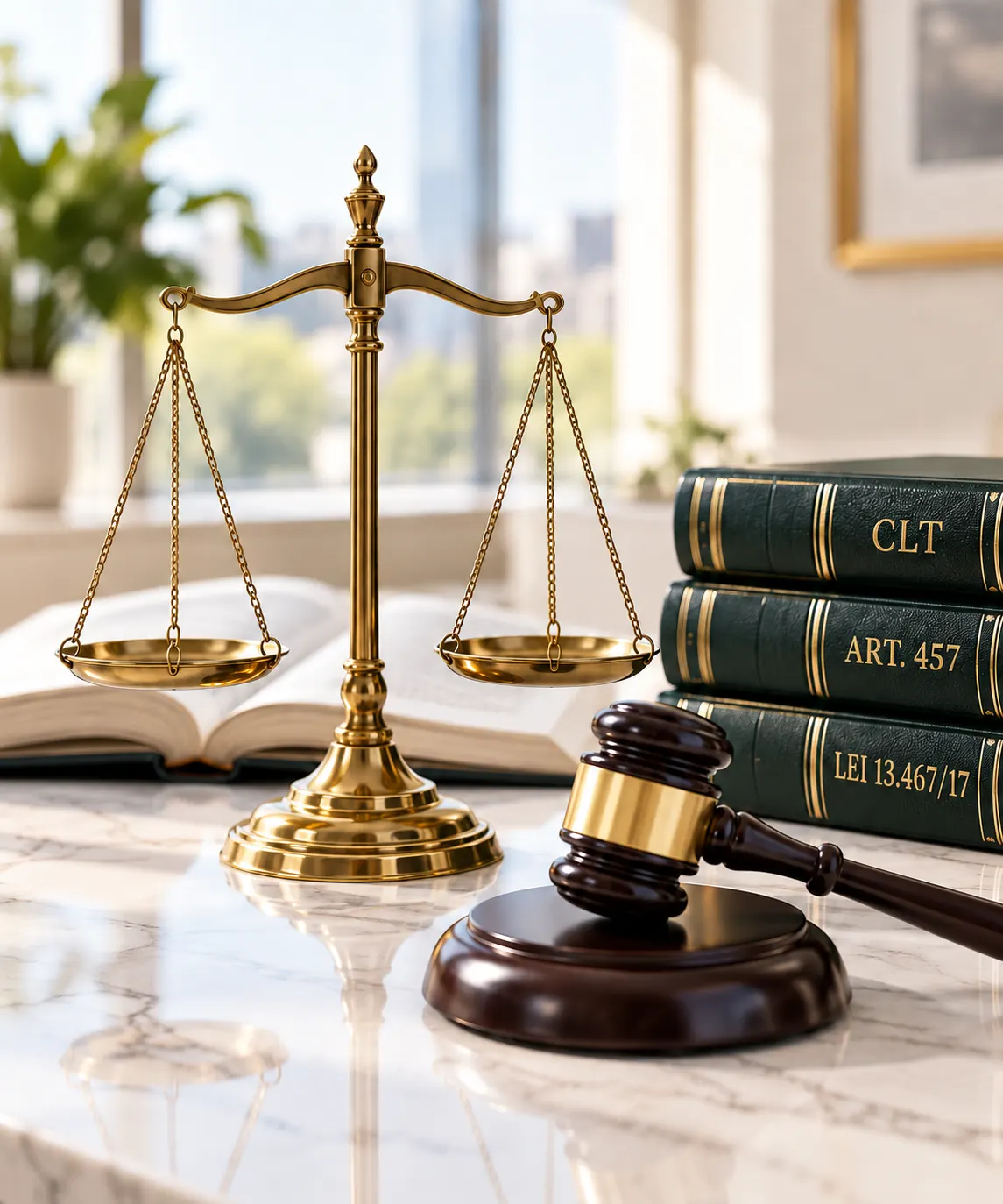 Balança da justiça, martelo de juiz e livros da CLT, do Art. 457 e da Lei 13.467/17 sobre mesa de mármore