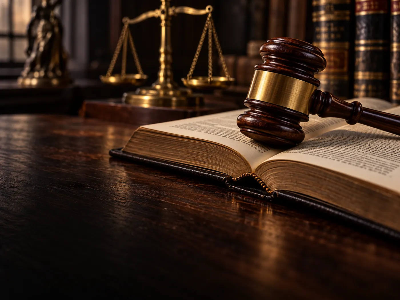 Martelo de juiz sobre livro de leis aberto, com a balança da justiça ao fundo