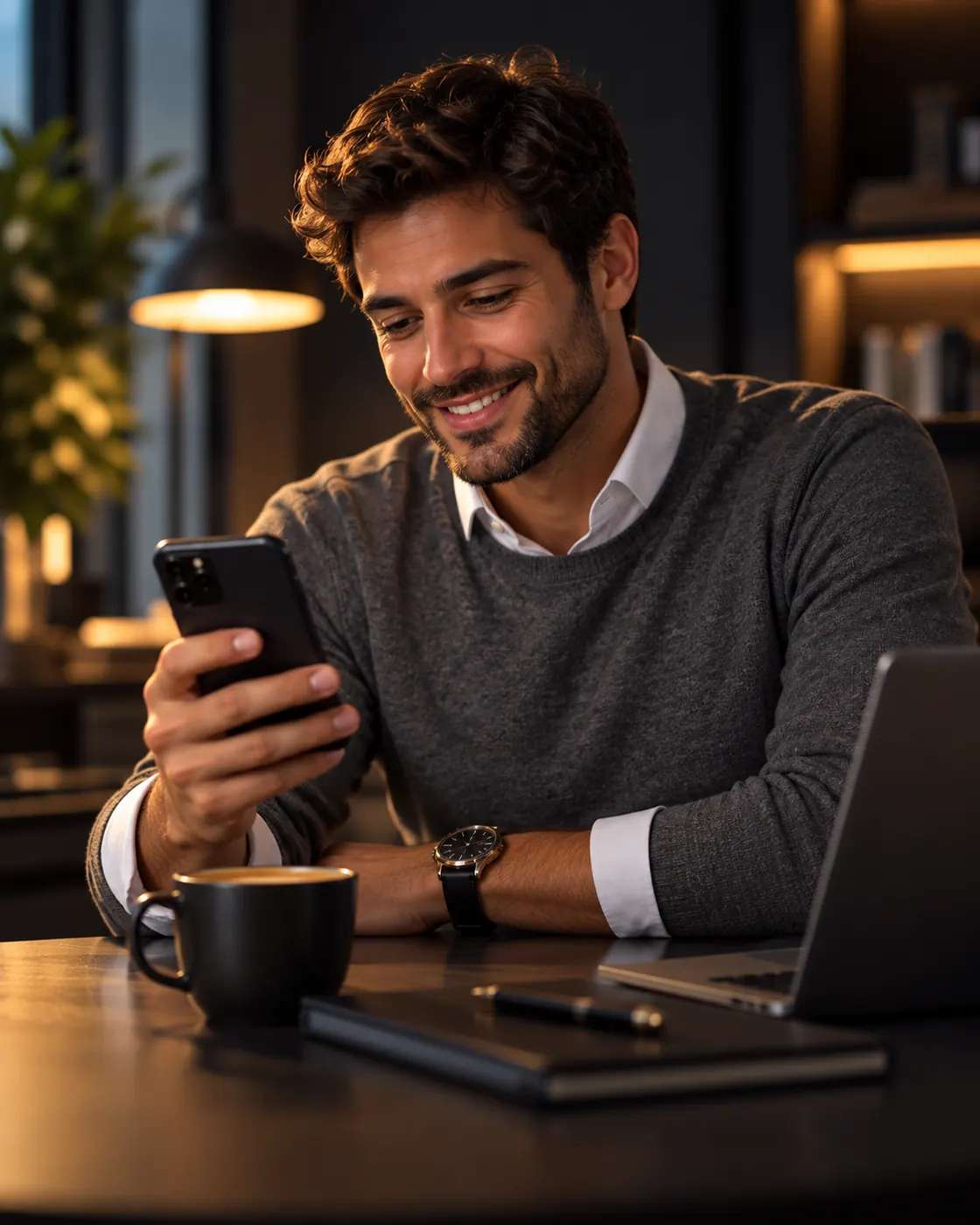 Colaborador sorrindo enquanto consulta a premiação no celular