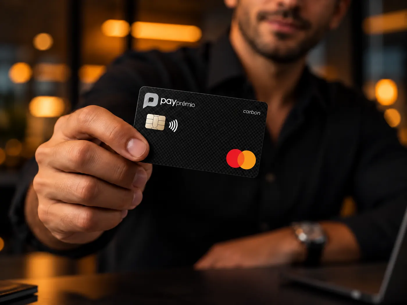 Homem segurando o cartão de premiação físico Pay Prêmio com bandeira Mastercard