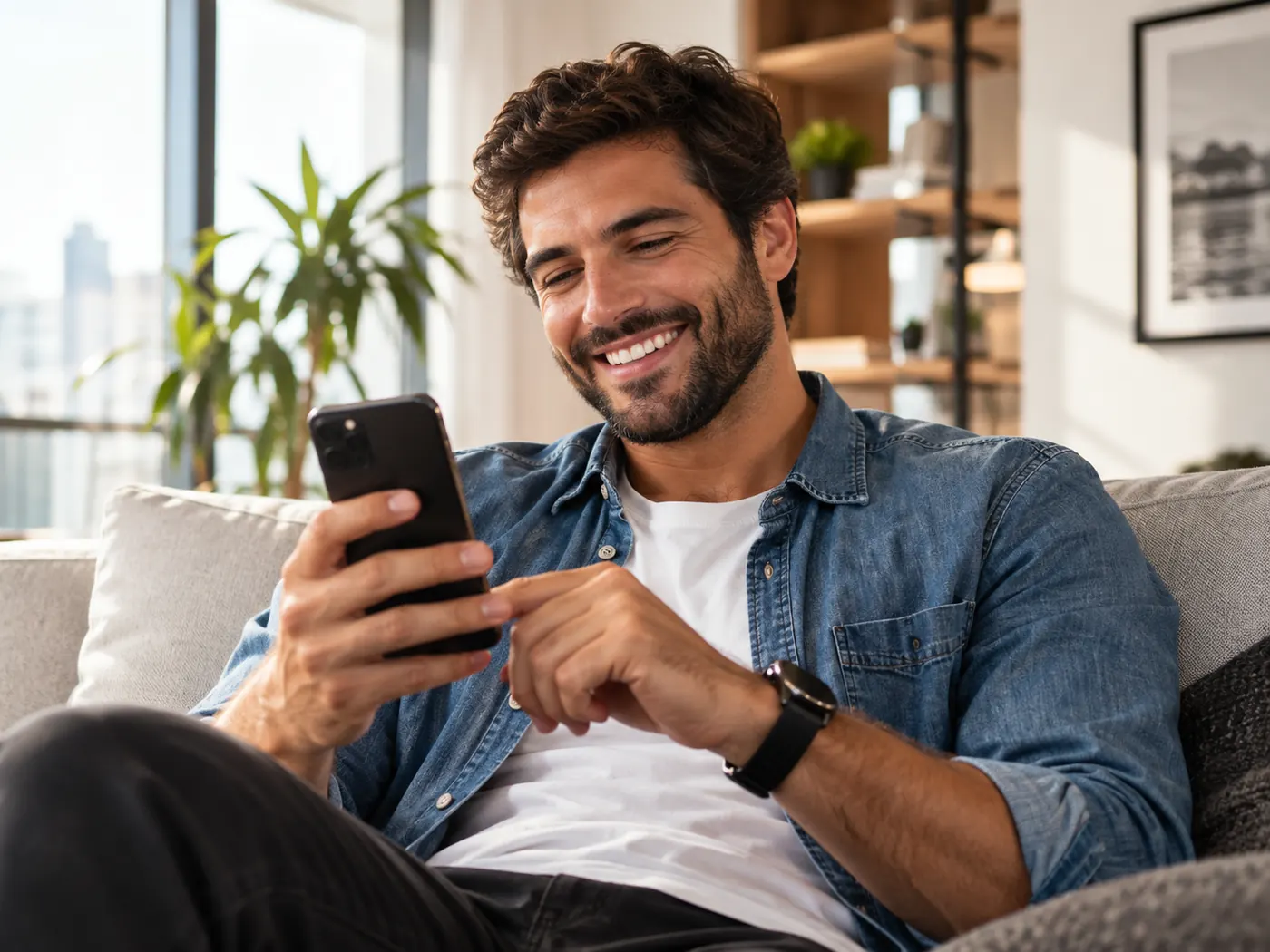 Homem sorrindo ao receber uma premiação via Pix no celular