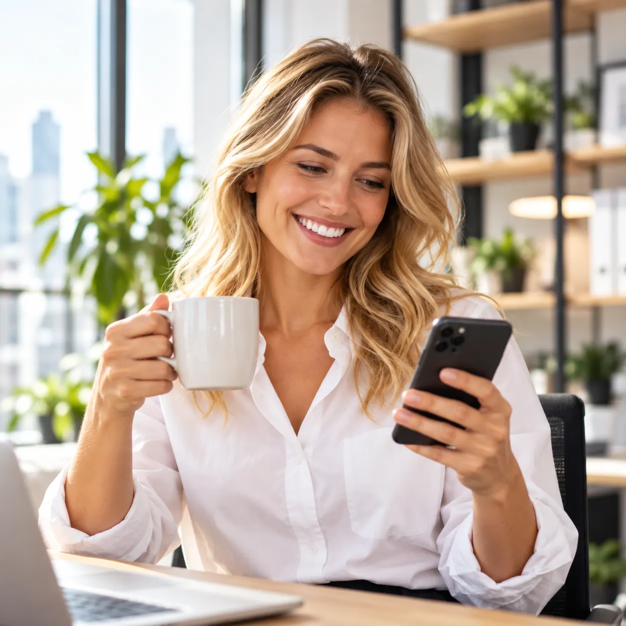 Colaboradora sorridente segurando uma caneca de café enquanto confere o celular