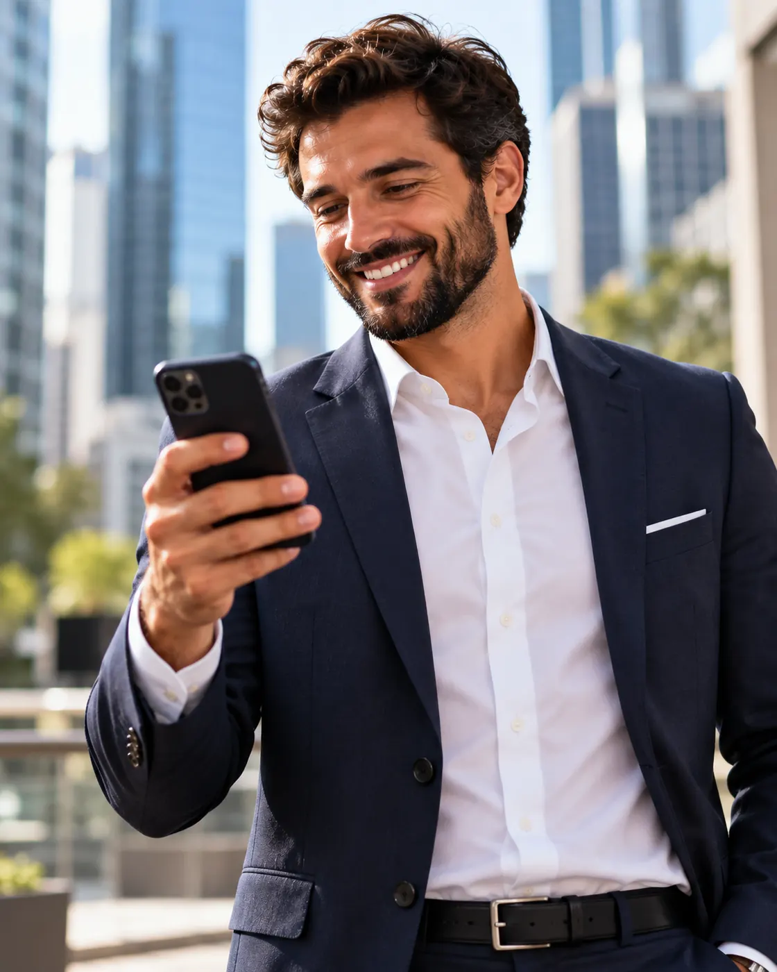 Executivo sorrindo ao receber um Pix de premiação no smartphone