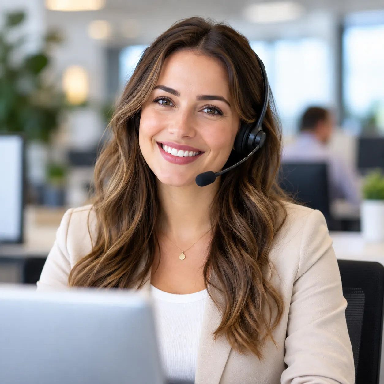 Especialista de atendimento da Pay Prêmio com headset sorrindo enquanto atende um cliente