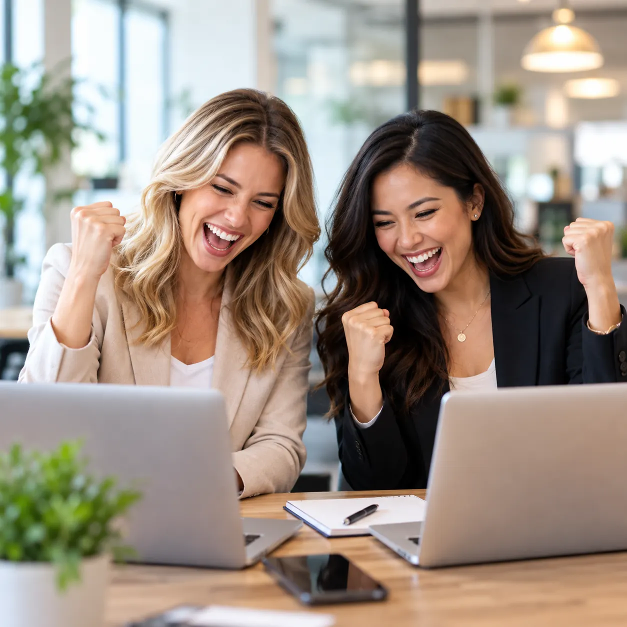 Duas colaboradoras comemorando resultados em frente aos notebooks no escritório