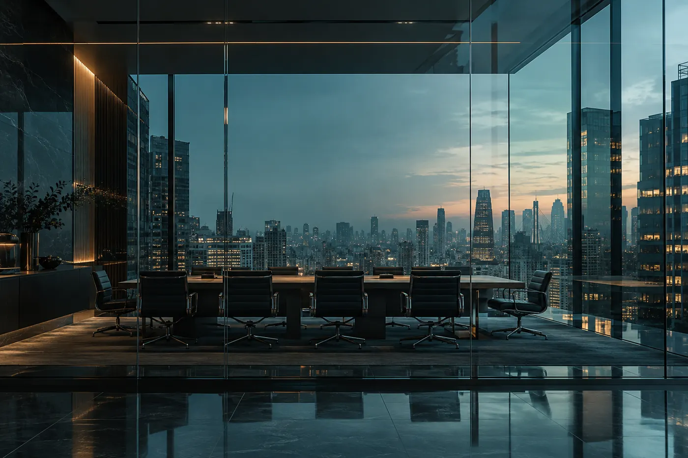 Sala de reuniões envidraçada em escritório corporativo com vista para os prédios de São Paulo
